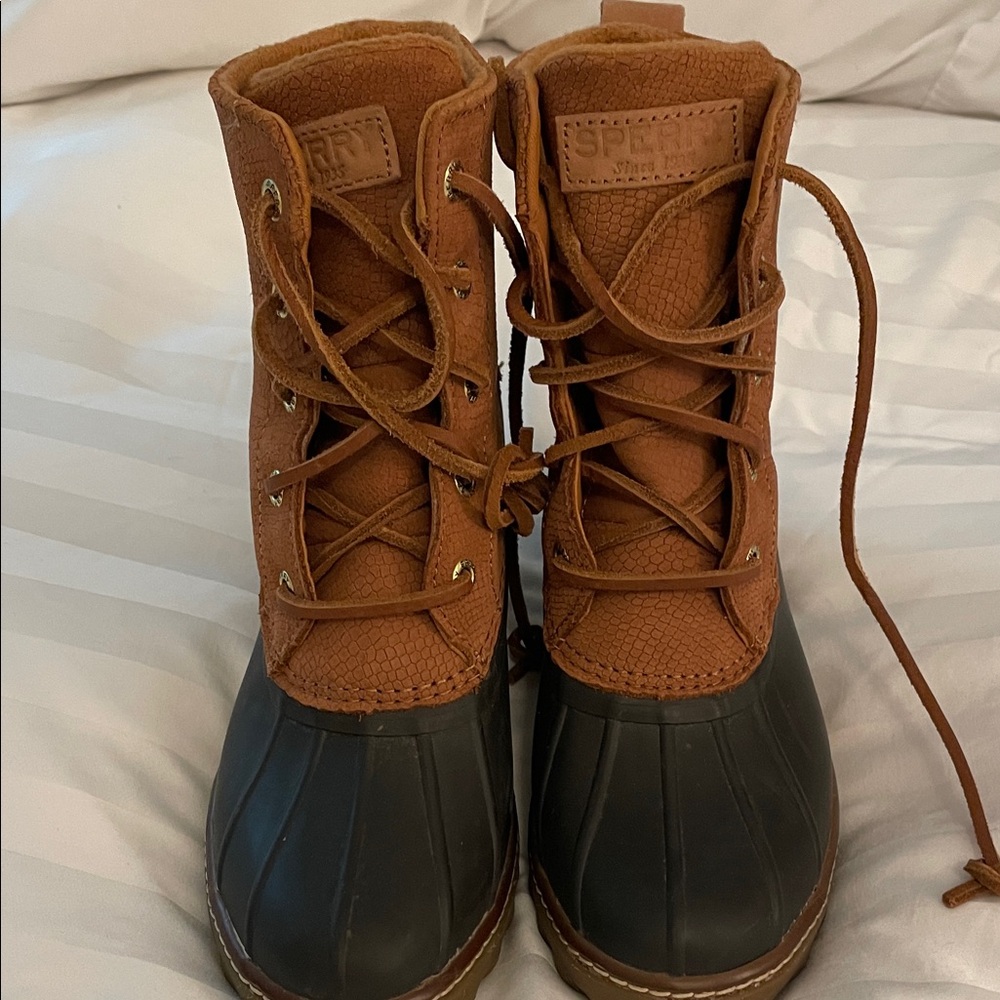 Sperry Tan and Black Duck Boots